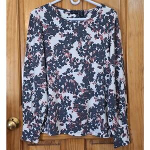 Tahari Shirt Women's Large Cream Black Red Faded Floral Knit Comfy Soft Classic